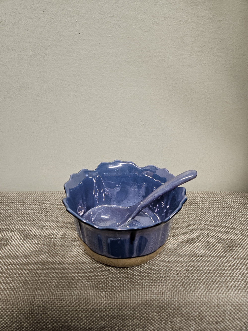 Vintage Gold Castle Japan Blue Lusterware Lotus Bowl & Spoon Set